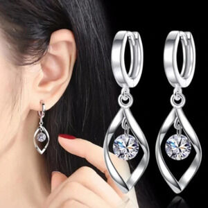 925 Sterling Silver Spiral Diamond Earrings Minimalist Hook Earrings